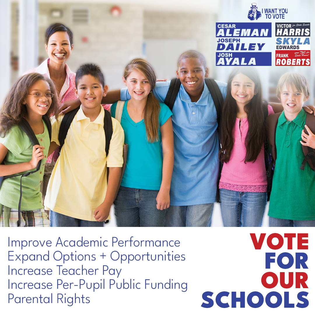 Vote for our schools! Vote Victor Harris, Skyla Edwards and Frank Roberts to support Arizona's schools, raise teacher pay, and protect options for all families regardless of income or zip code